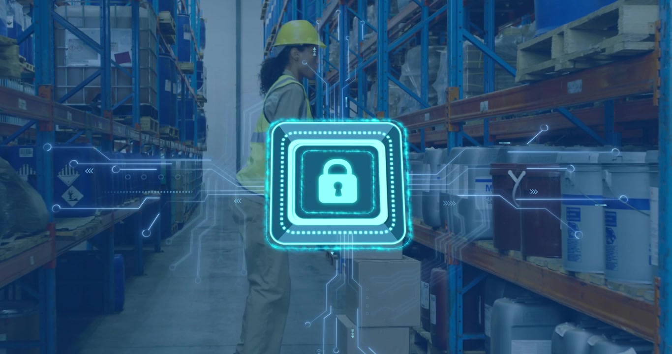 Warehouse worker bending lifting box in aisle, showing glowing padlock icon highlighting security