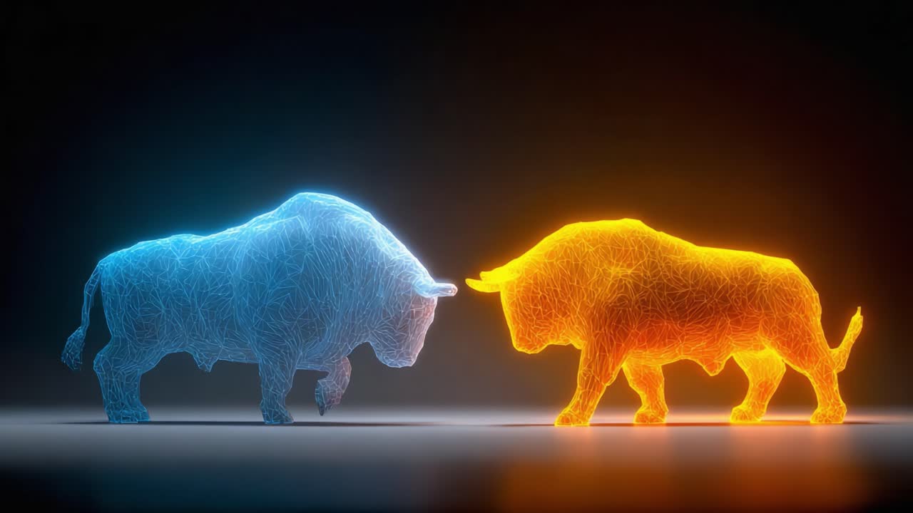 Dynamisk repræsentation af bull market-kræfter: En kompleks visualisering af bullish energi gennem blå og orange nuancer i digital form