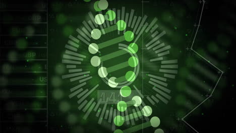 green circular data visualization animation over financial data and currency symbols