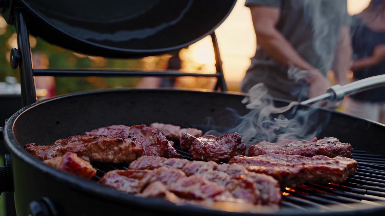 Вкусное мясо, жарящееся на гриле на открытом воздухе на закате