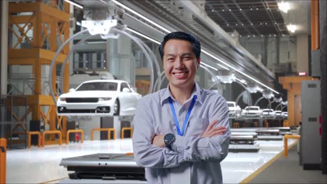 gerente de fábrica sonriente en una instalación moderna de producción de automóviles
