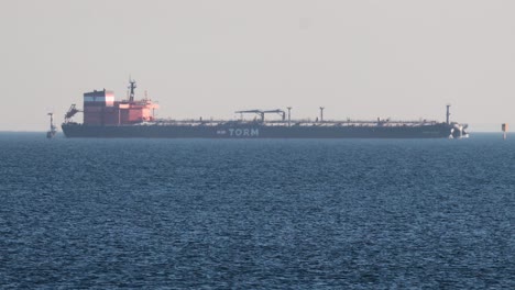 cargo ship moving across the ocean horizon