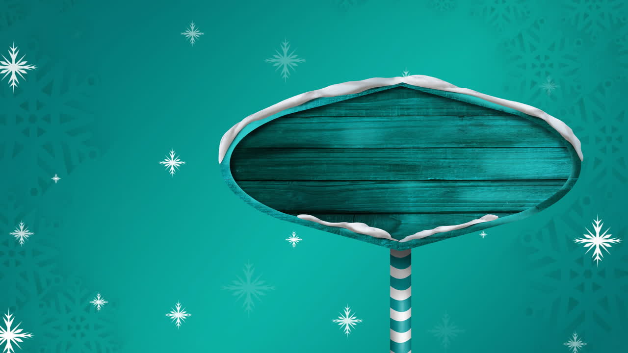 animación de copos de nieve que caen sobre un cartel de madera en blanco con espacio para copiar