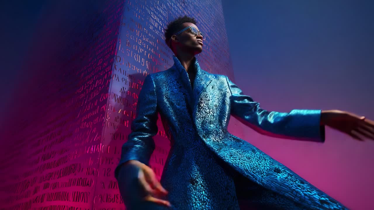 Una figura imponente con un cappotto blu luccicante posa in modo teatrale su uno sfondo vivace, mettendo in mostra una fusione di moda ed espressione artistica in un ambiente moderno ed elegante.