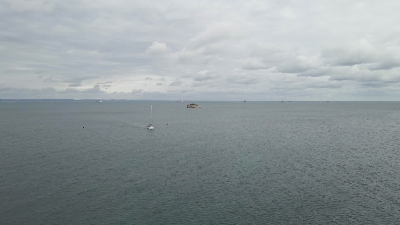 Aerial view St Helens Fort a sea fort in the Solent close to the Isle of Wight, It was built as a result of the Royal Commission on the Defence of the United Kingdom of 1859, drone moving forward