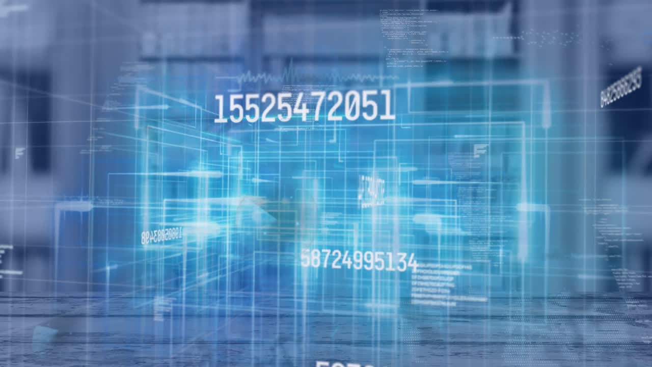 Animation of network of numbers and data processing over library