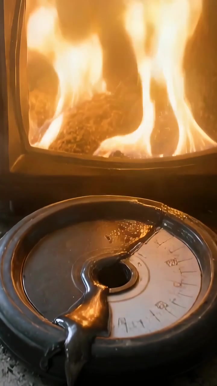Lodret video: Smeltende tætningsmiddel på låg, der flyder og samler sig på ildstedet, mens brændeovnsflammer varmer.
