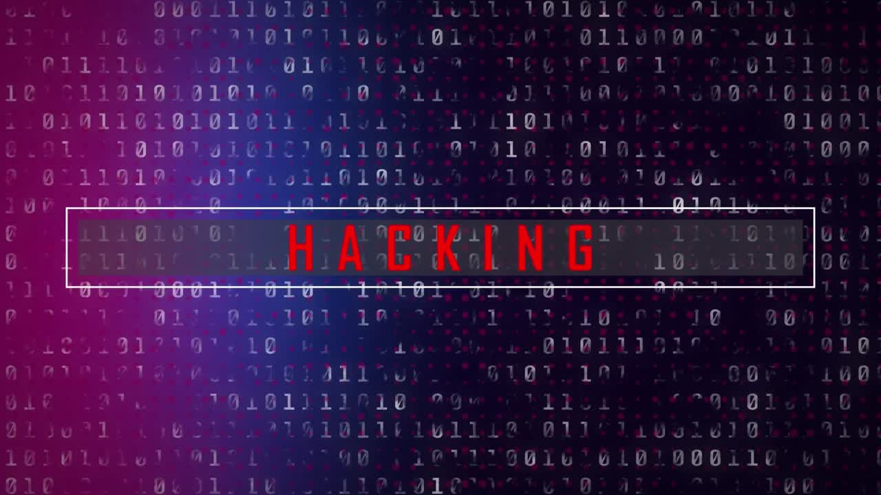 Animation of hacking text over binary coding data processing over gradient background