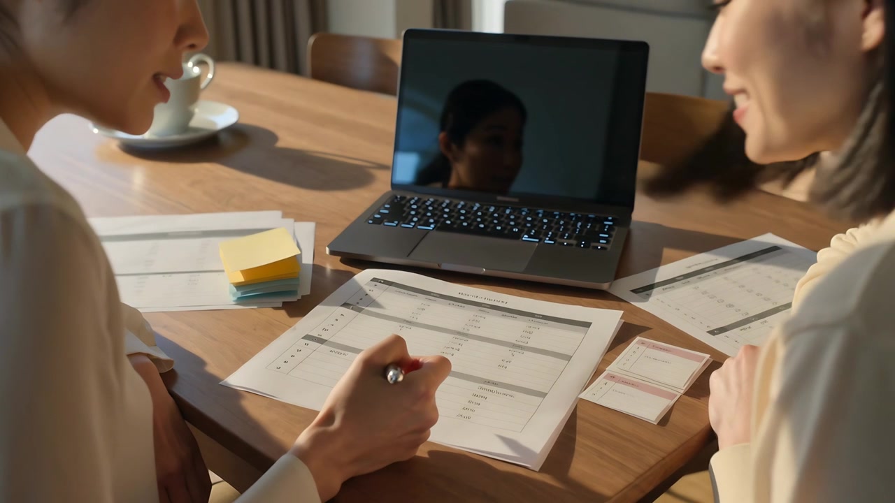 Pointing pen, left woman leading review while partner marking forms at home with laptop in blouses