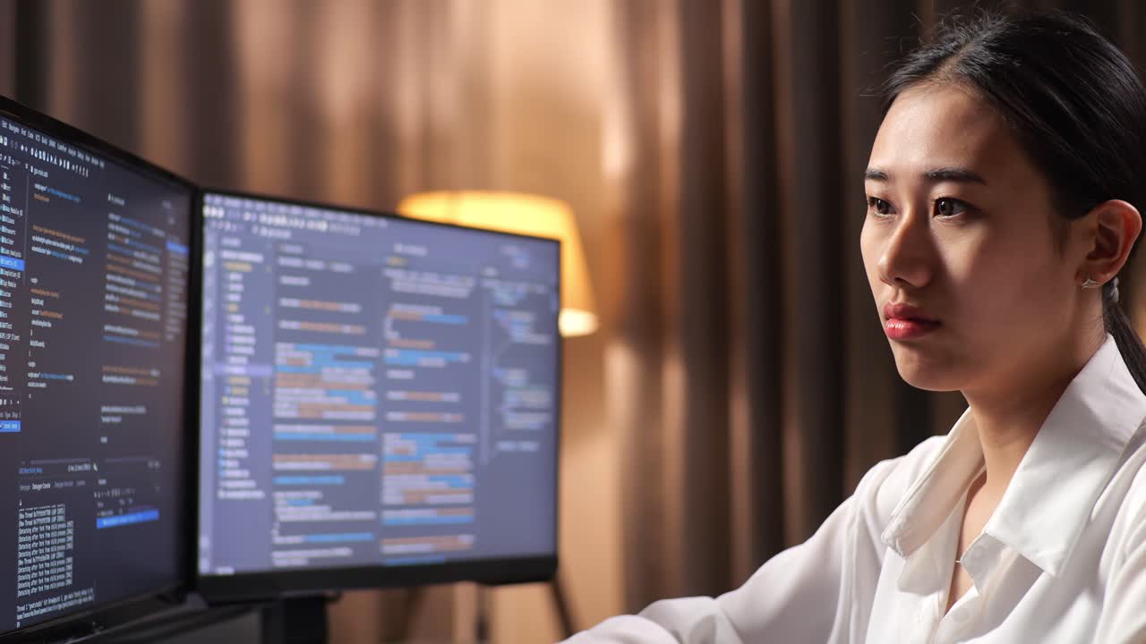 아시안 여성 프로그래머가 혁신적인 소프트웨어 엔지니어를 만들고 집에서 데스크 컴퓨터에서 앱, 프로그램, 비디오 게임을 개발합니다. 코딩 언어를 가진 터미널