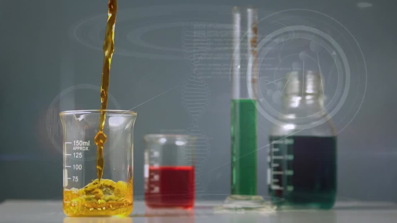 animación de la cadena de adn y procesamiento de datos en vasos y tubos de ensayo