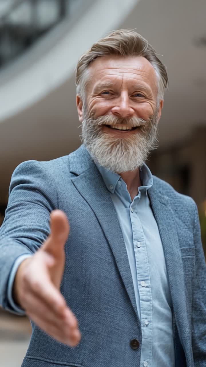 Un uomo distinto in abito blu con la barba irradia calore e fiducia mentre saluta con un sorriso in un contesto urbano.