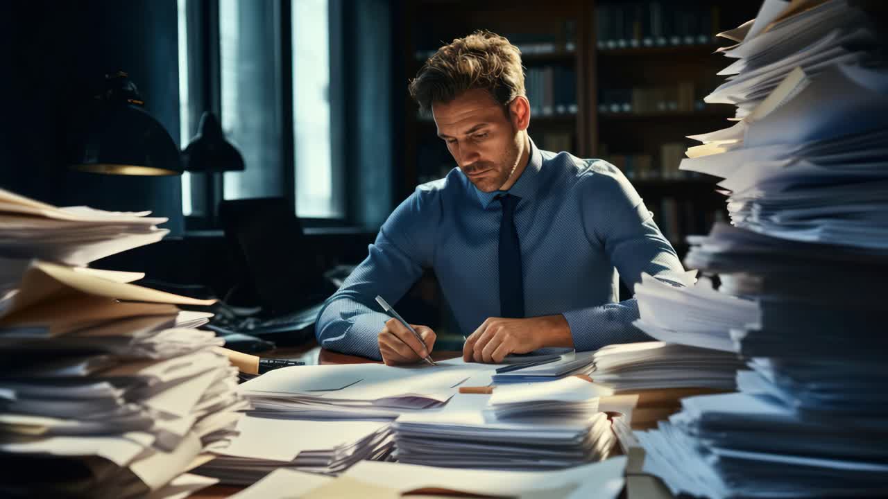 A focused man in an office writes amid towering paper stacks