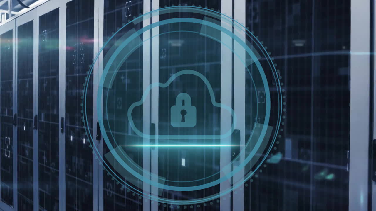 Animation of cyber security text and scanner with cloud with padlock icon over server room