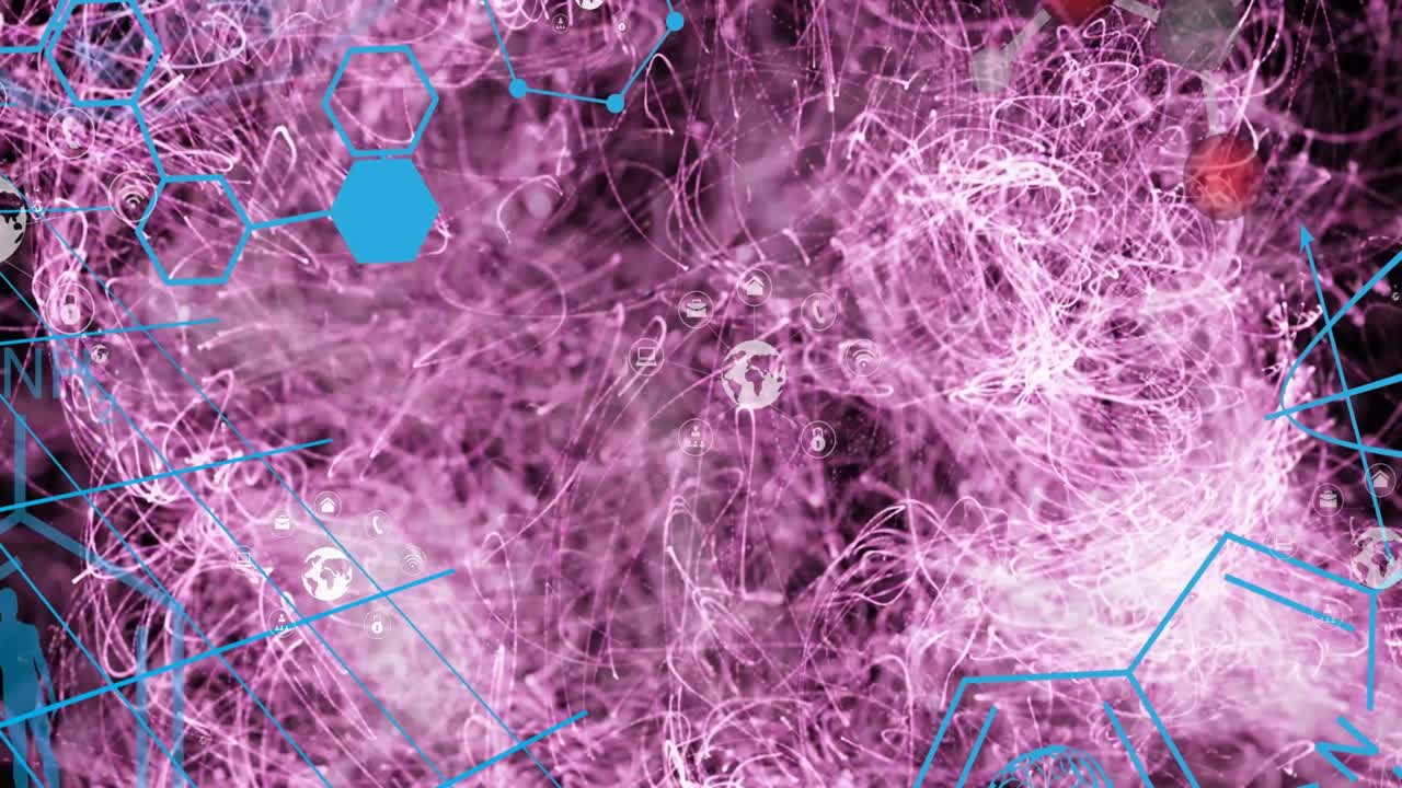 animación de iconos sobre rastros de luz y fórmula química sobre fondo negro.