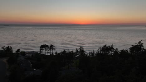 silhouetted trees and houses overlooking the sunset over the pacific ocean