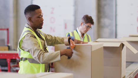 Verschiedene-Männliche-Arbeiter-Tragen-Sicherheitsanzüge-Und-Packen-Kisten-Im-Lager