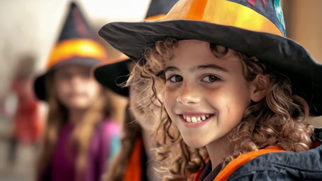 A kids wearing a witch hat and smiling, the children are dressed up in Halloween costumes