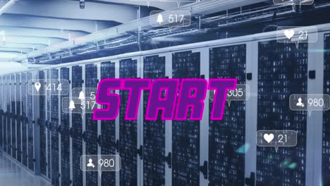 animation of purple text start, with social media notifications over computer server room