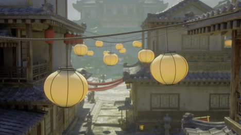 lanterns illuminate a quiet ancient street in a historical village setting