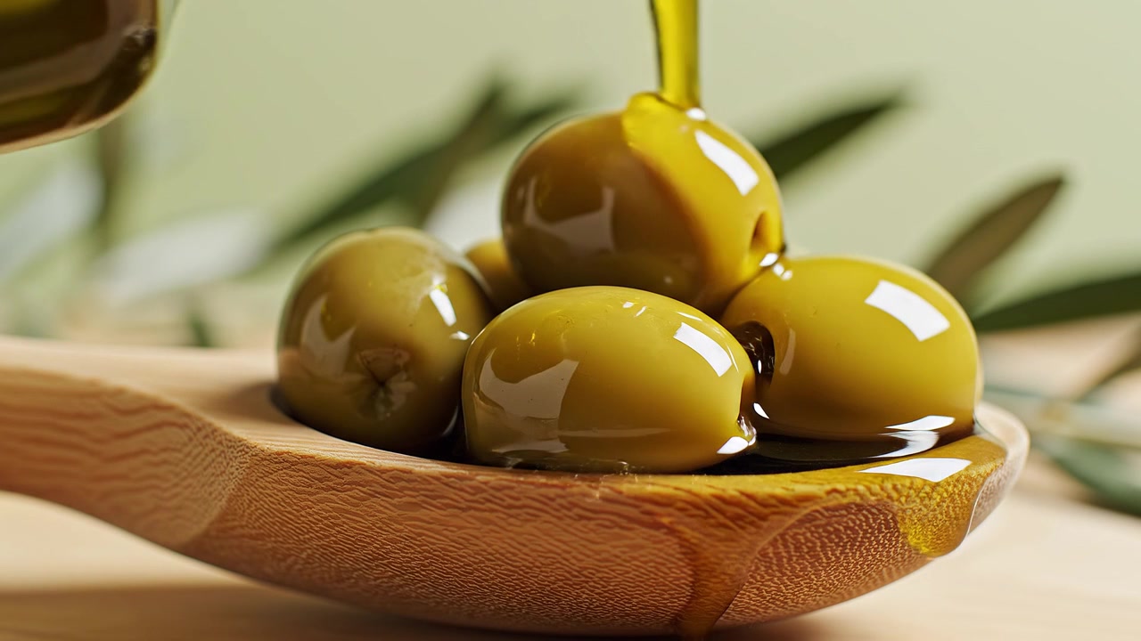 Olio extra vergine d'oliva dorato che si versa su olive verdi fresche