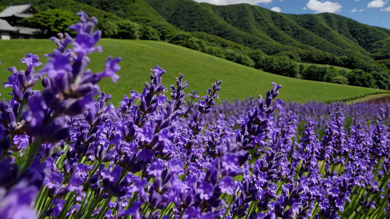 Un video panoramico cattura una veduta grandangolare di lussureggianti colline verdi e vivaci fiori viola.