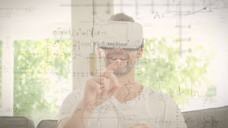animación de dibujos matemáticos y ecuaciones sobre el hombre que usa auriculares vr