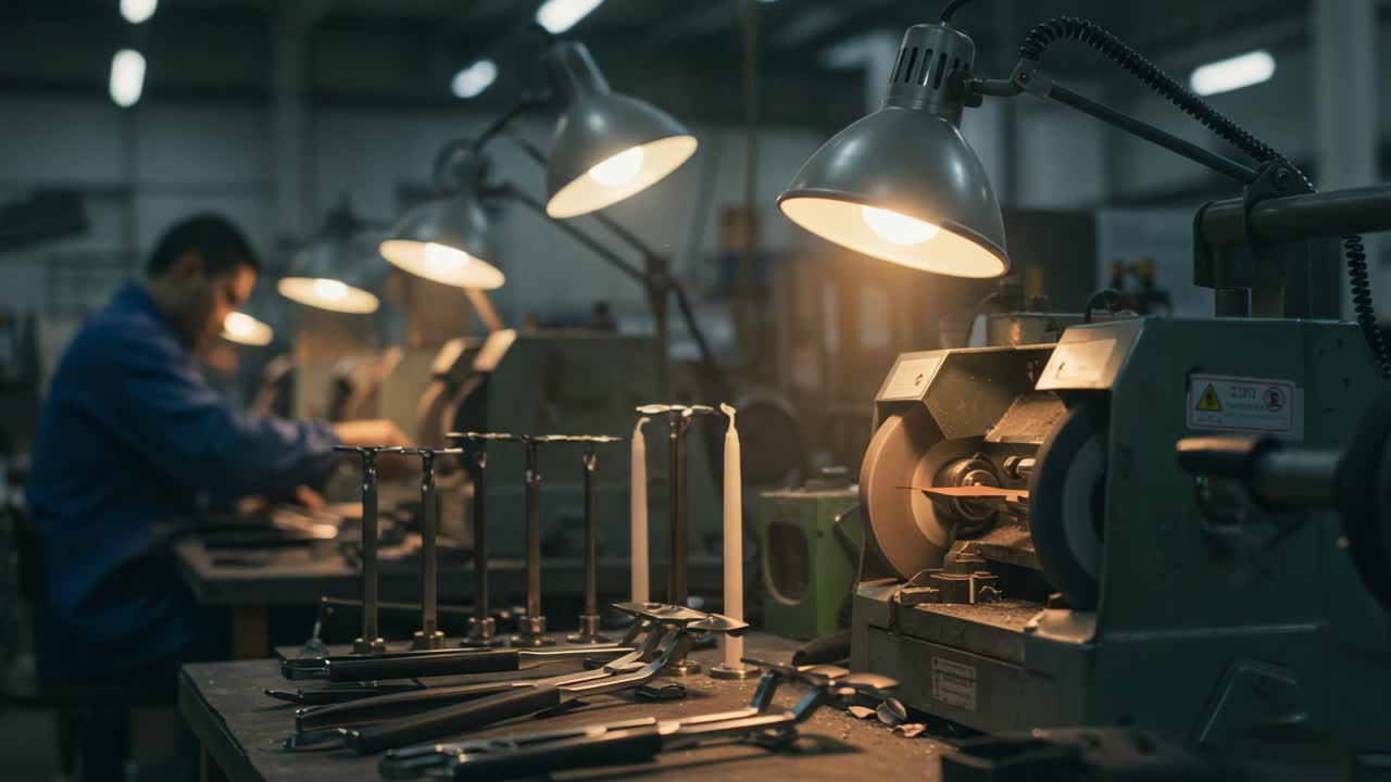 Detailed View of an Industrial Workshop: Focus on Precision Tools and Machinery in Action Under Soft Lighting, Capturing the Essence of Skilled Craftsmanship