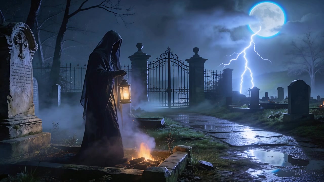 Holding lantern, hooded robe figure tending fire pit at moonlit cemetery after lightning, stepping