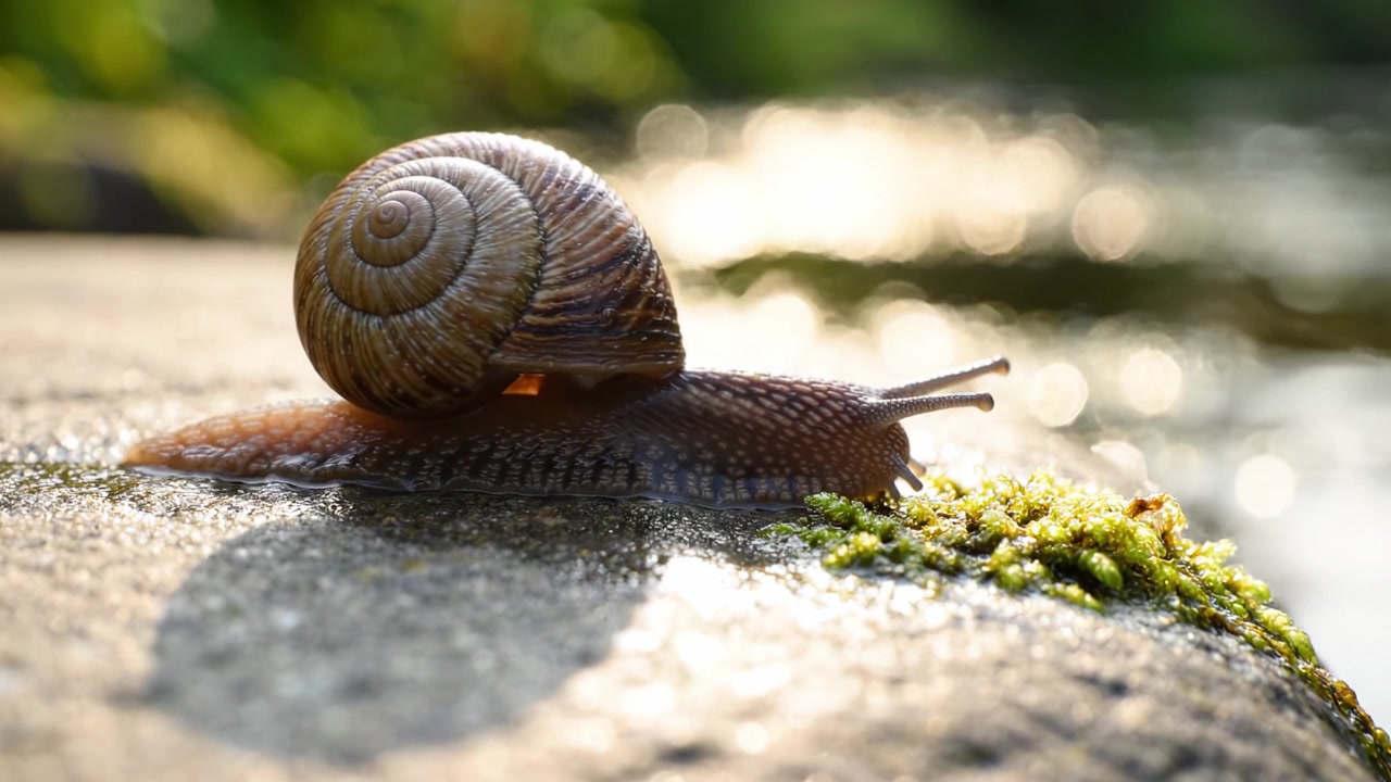 A Close-Up View of a Snail On a Wet Rock Surrounded by Lush Greenery, Capturing the Serene Beauty of Nature and Its Smallest Inhabitants
