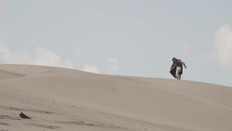a robed figure struggles across a vast sand dune, then falls to their knees in exhaustion. post-apocalyptic, sci-fi, or fantasy concept of despair, struggle, and survival