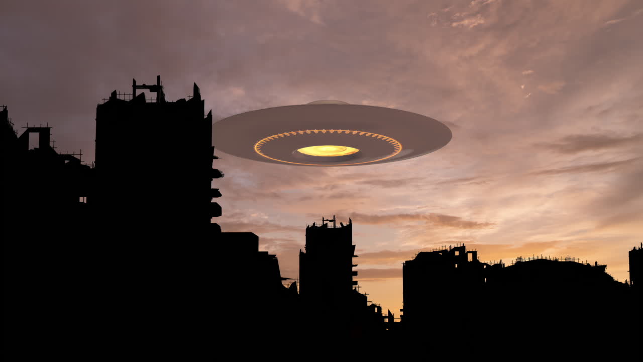 UFO over en ruinby ved solnedgang
