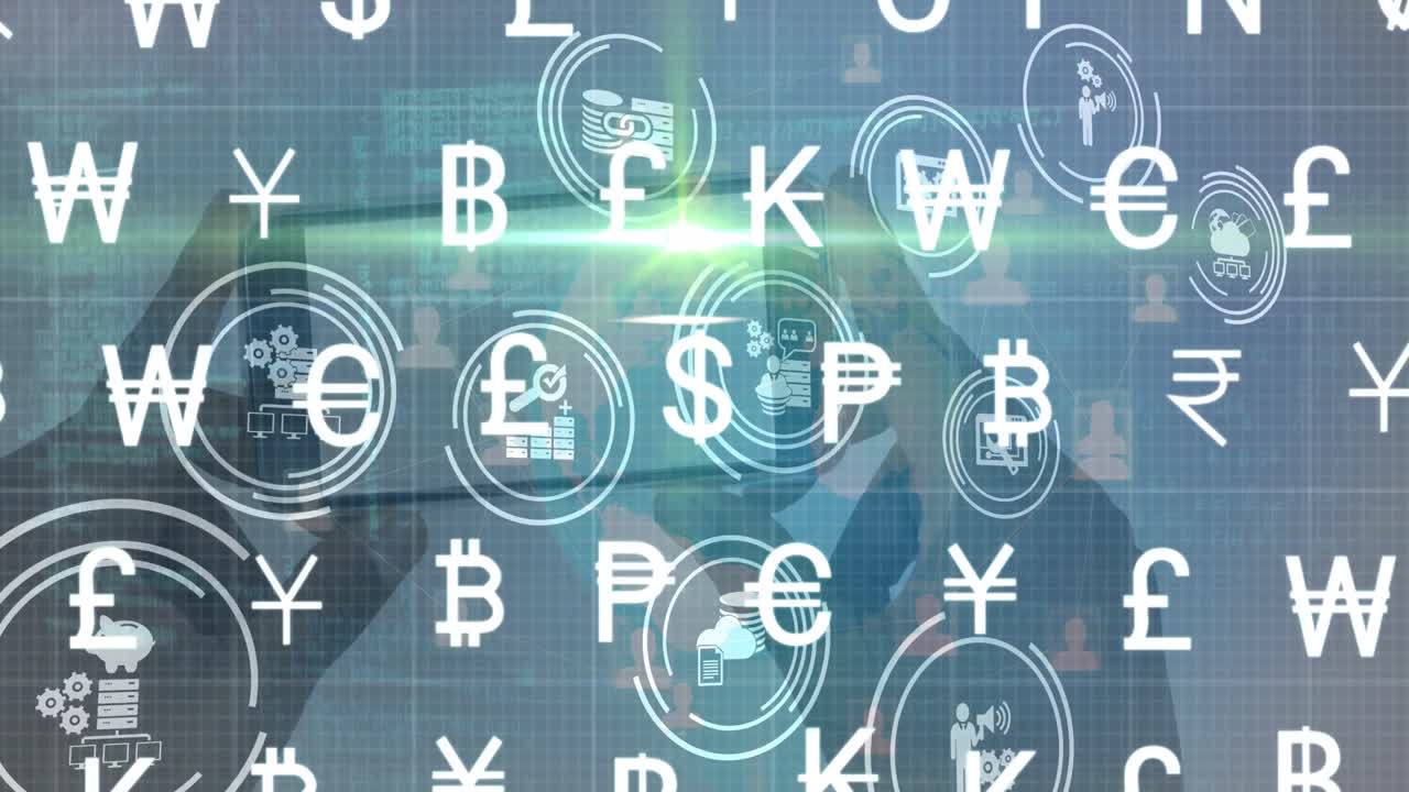 qr 코드가 있는 스마트폰을 들고 있는 아이콘과 손 위에 화폐 기호의 애니메이션