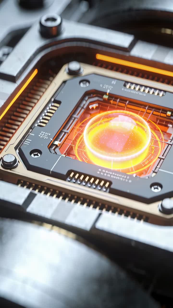 module on test signal glowing amber core halo and rings, camera panning, signaling diagnostics