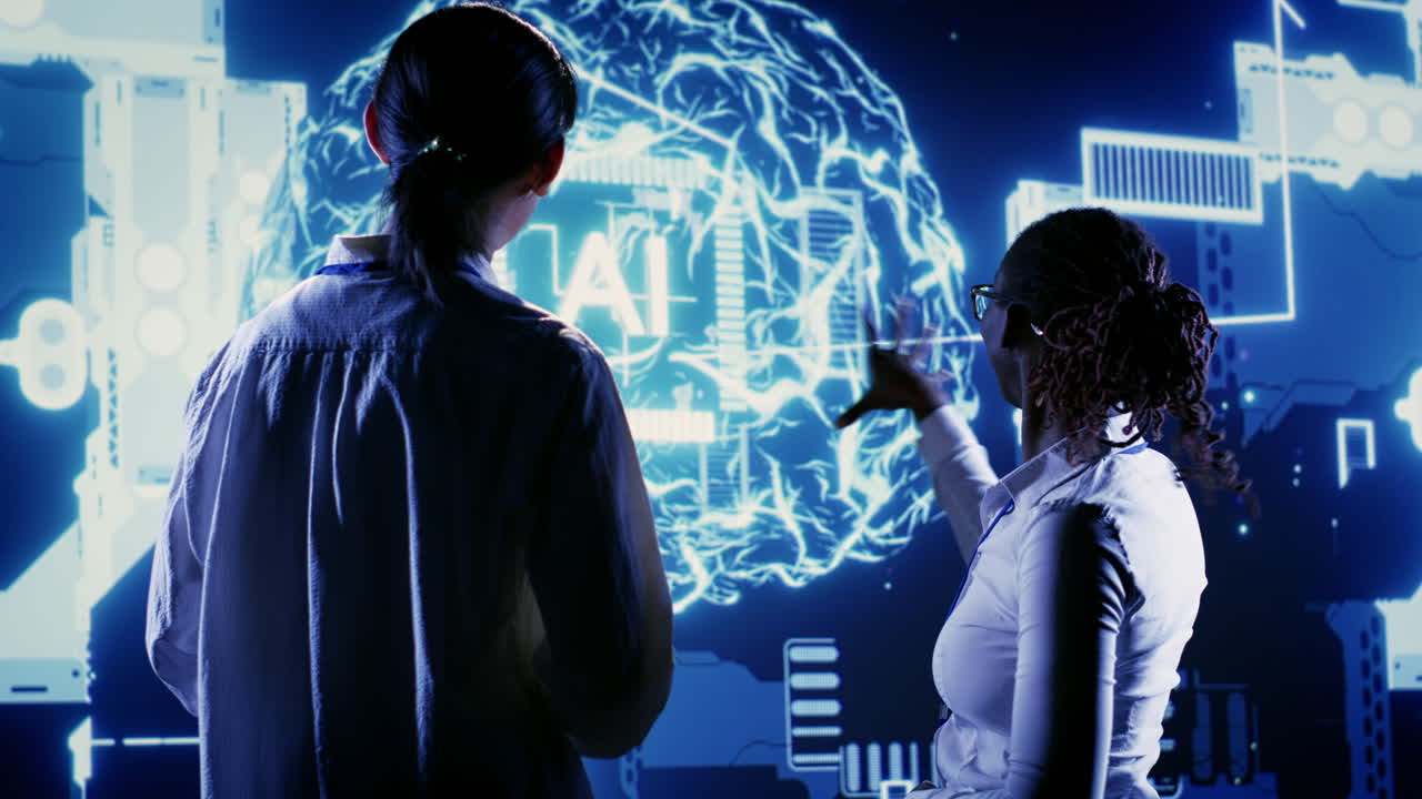 Employees using AI computing simulation