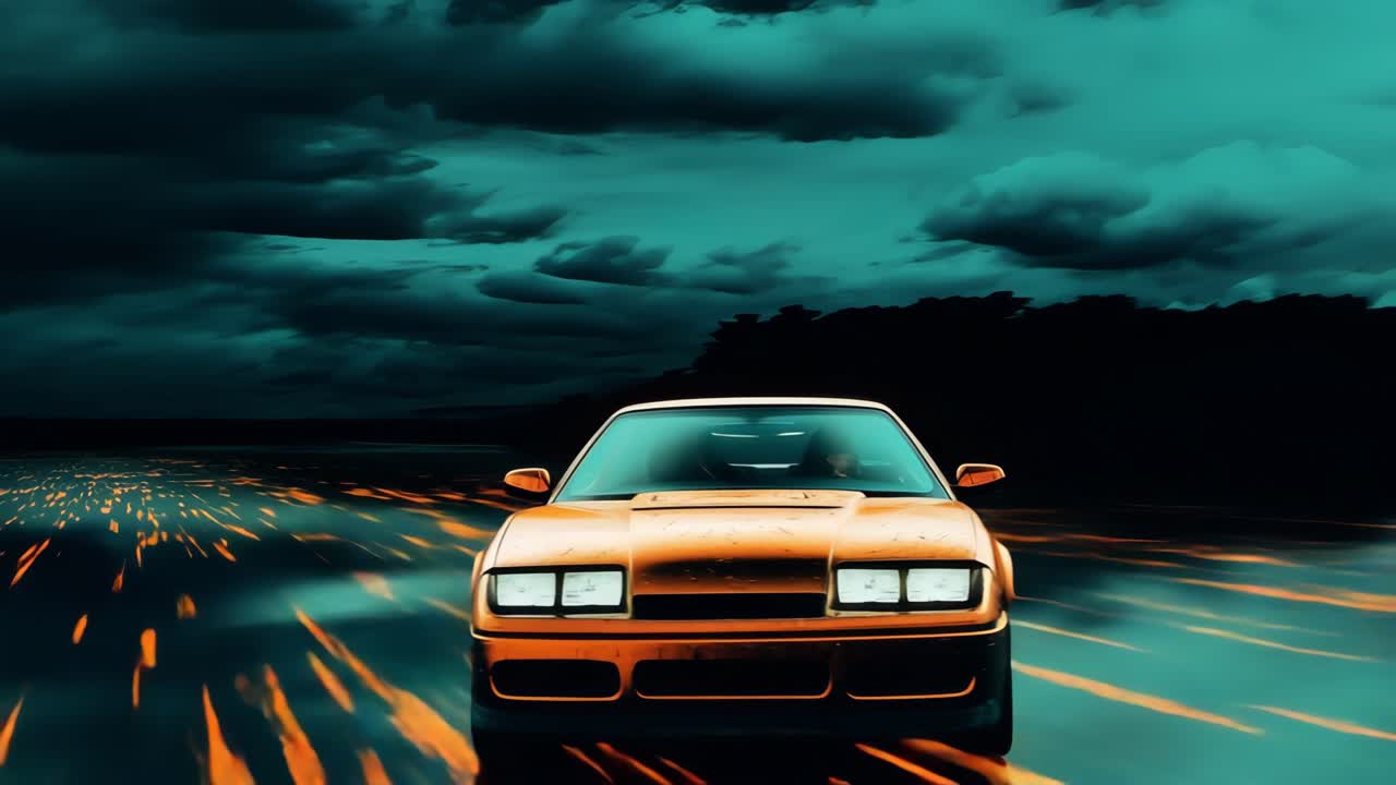 Sleek orange sports car racing along rain slicked roadway under brooding night sky, generating dramatic motion blur and conveying intense sense of speed and adventure