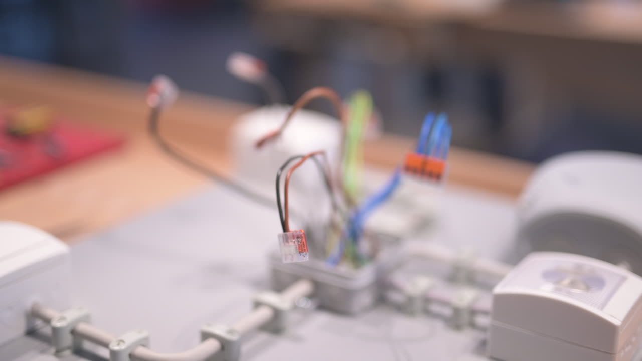 cables eléctricos de diferentes colores que sobresalen de una caja de empalmes