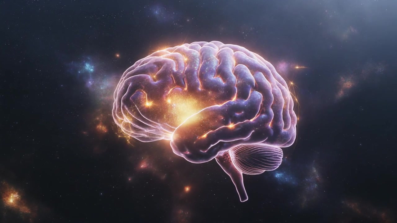 Glowing Human Brain Floating in Deep Space