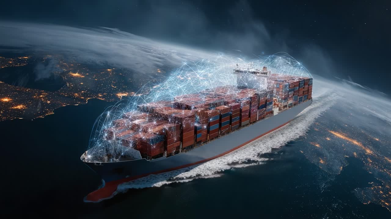 A Futuristic Container Ship Navigating Through Cosmic Waters, Surrounded by a Web of Connectivity and Data Transmission, Illustrating the Future of Global Trade and Logistics
