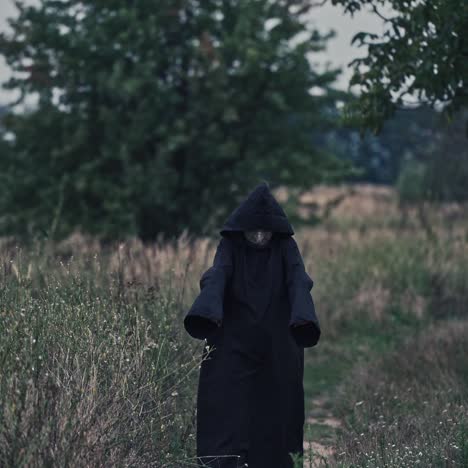 dark figure in black robe with hood among nature. scary nightmare walking on the natural background in summer. mysterious ghost outdoors.