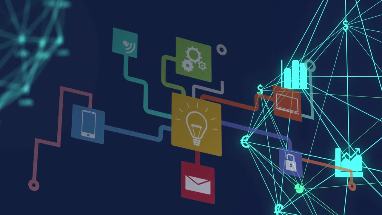 Animation of media icons over business icons