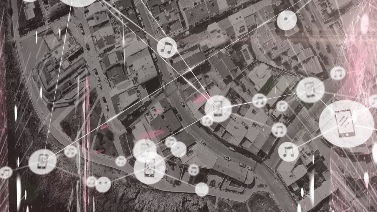 animación de la red de conexiones con iconos de medios sobre el paisaje urbano