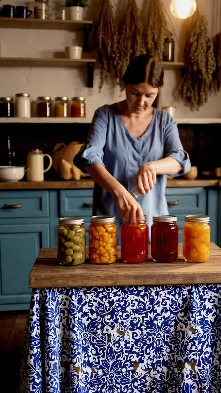 Woman canning jars of homemade food in a kitchen