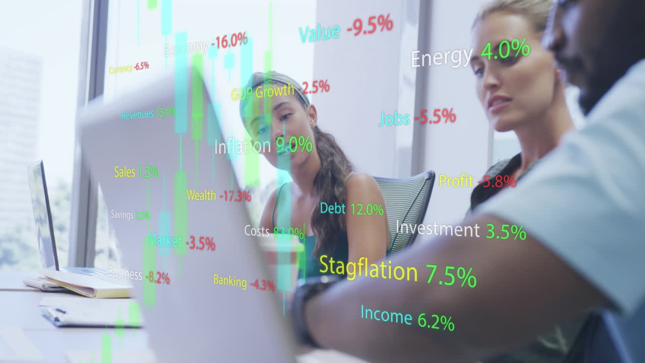 Animation of financial data processing over diverse business people having meeting at office
