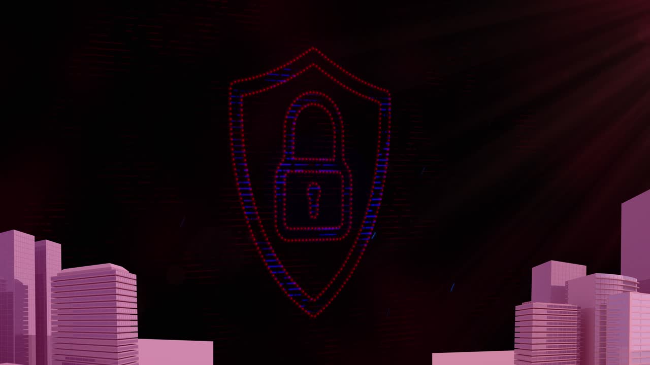 Animation of security padlock over cityscape