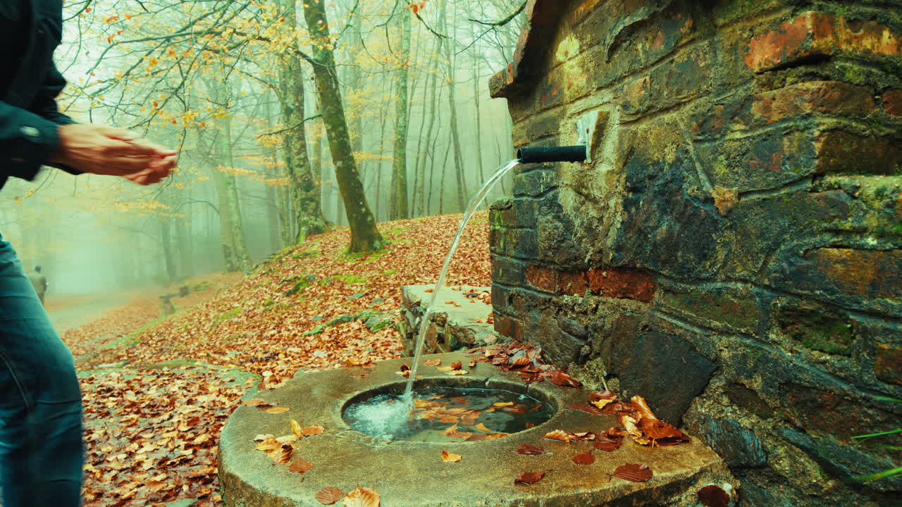 Anziano beve acqua fresca e salutare da una fontana in montagna durante la stagione autunnale