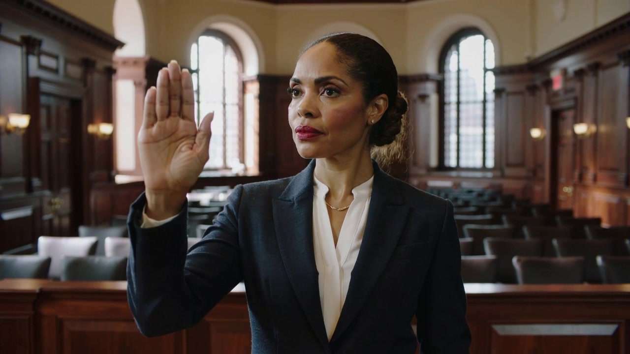 Responding to oath, woman in navy blazer raising right hand in courtroom with wooden lectern
