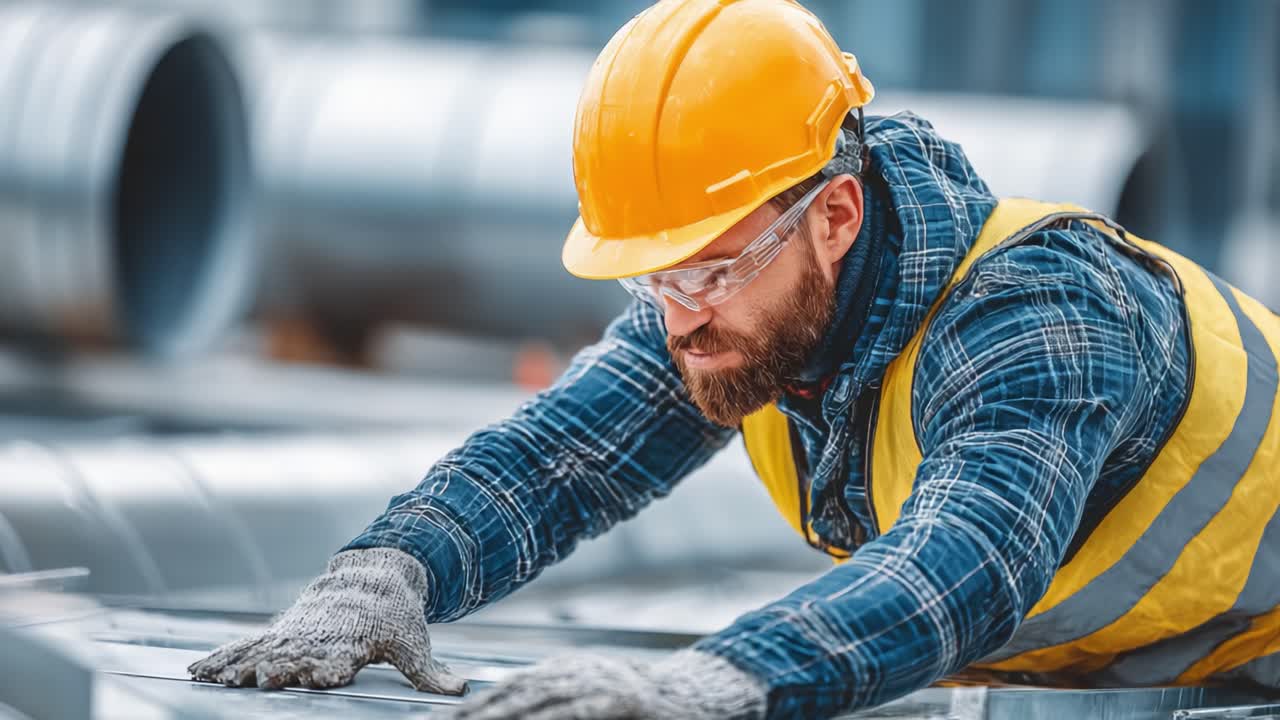 Heavy-duty construction worker focused on precision, preparing steel sheets at a construction site, showcasing determination and skilled labor with safety gear in an industrial environment