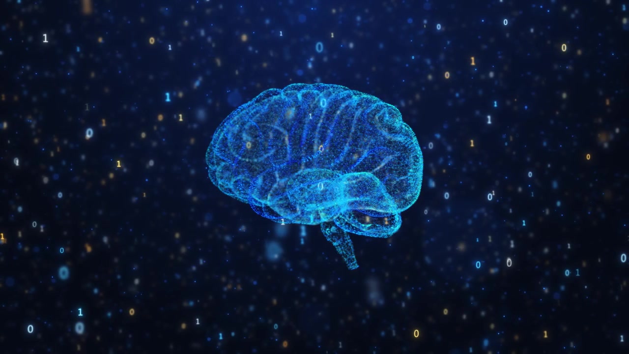 Blue ai brain data background with glowing neural particles floating binary numbers and dark science