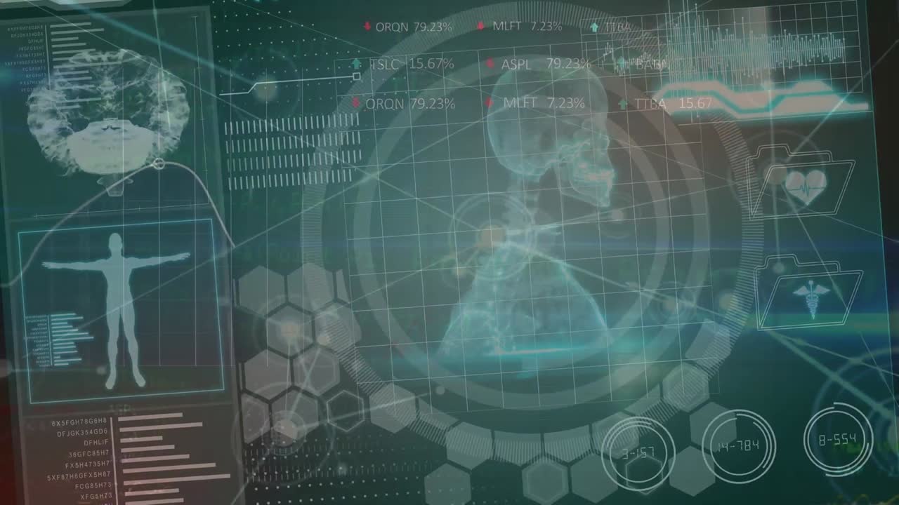 animación de conexiones y datos científicos en una pantalla digital